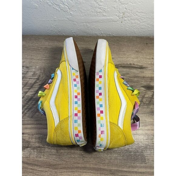 VANS OLD KIDS SKOOL SKATE SIZE 4.5 BRIGHT YELLOW RIBBON RAINBOW LACES SNEAKERS - Picture 4 of 6